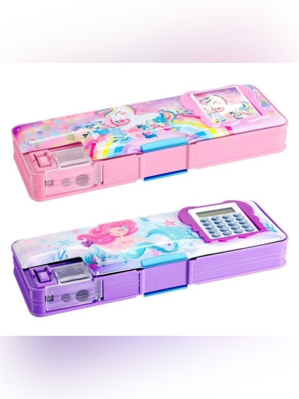 2-Pack Mermaid & Unicorn Multifunctional Pencil Boxes with Calculator & Sharpene